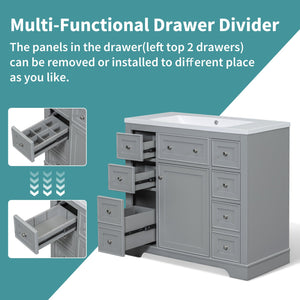 English Elm 36" Solid Wood Bathroom Vanity Base with 6 Drawers & 1 Door, Modern Freestanding Cabinet, Undermount-Compatible Grey WF306253AAE