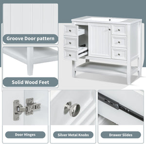 English Elm 36" Bathroom Vanity With Center Sink, Solid Wood & Mdf, 3 Drawers, Elegant White Finish, Modern Style N725P246500K