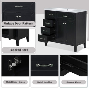English Elm 36" Modern Bathroom Vanity With Sink Combo, Sleek Black Cabinet, Durable Storage & Stylish Design N725P246491B