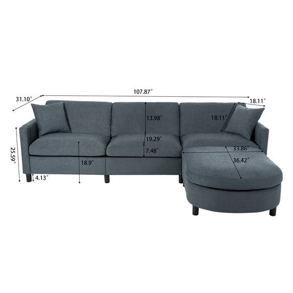 English Elm 107.87'sectional Sofa with Ottoman Pine Frame Removable Cushions Living Room Seating Dark Gray W680S00009