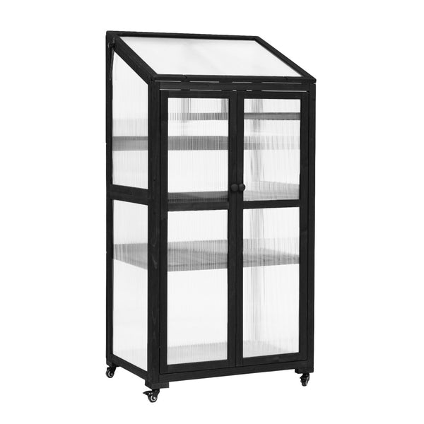 English Elm Topmax Fir Wood Polycarbonate Cold Frame Greenhouse with Wheels Adjustable Shelves Outdoor Black WF297923AAB