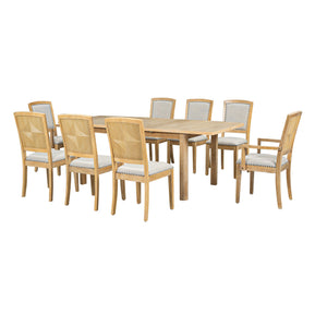 English Elm TOPMAX Rustic Extendable Dining Set with 84" Table and 24" Leaf, 9-Piece Wood Frame, Upholstered Chairs Natural+Grey SP000038AAD