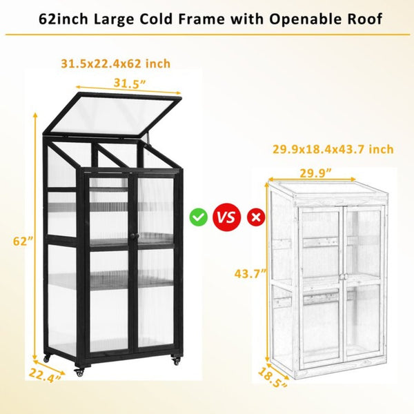 English Elm Topmax Fir Wood Polycarbonate Cold Frame Greenhouse with Wheels Adjustable Shelves Outdoor Black WF297923AAB