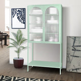 Light Green Floor Cabinet w/ Glass Arched Doors, Adjustable Shelves, Anti-Tip, Easy Assembly