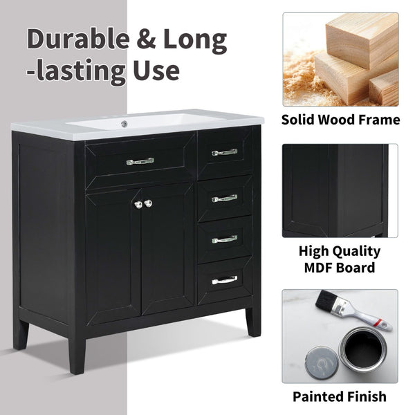 English Elm 36" Matte Bathroom Vanity Base Cabinet with Drawers Rubberwood Frame Modern Storage Black WF296707AAB