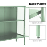 English Elm Stylish 4-Door Tempered Glass Cabinet With 4 Glass Doors Adjustable Shelf and Feet Anti-Tip Dust-Free Fluted Glass Kitchen Credenza Light Green