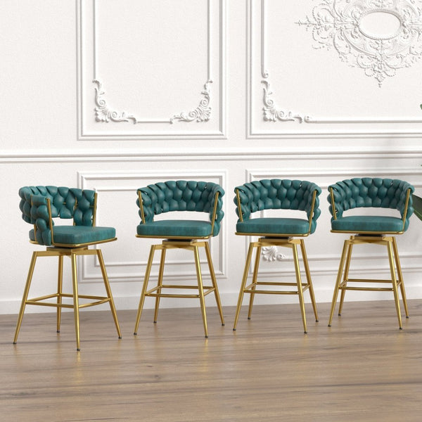 English Elm 26" Swivel Barstools Set of 2 Woven Back Suede Upholstered Gold Leg Counter Chairs W2189S00841