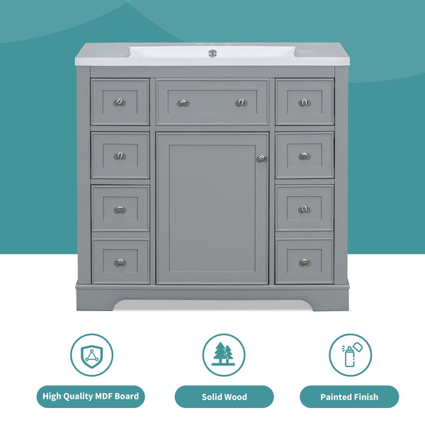 English Elm 36" Modern Bathroom Vanity with Ceramic Sink, Solid Wood & MDF Build, Six Drawers + Cabinet, Durable Finish and Adjustable Shelf for Organized Storage Grey SY999404AAE-6