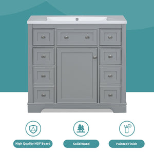 English Elm 36" Solid Wood Bathroom Vanity Base with 6 Drawers & 1 Door, Modern Freestanding Cabinet, Undermount-Compatible Grey WF306253AAE