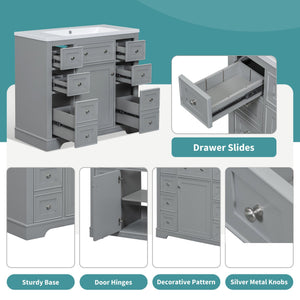 English Elm 36" Solid Wood Bathroom Vanity Base with 6 Drawers & 1 Door, Modern Freestanding Cabinet, Undermount-Compatible Grey WF306253AAE