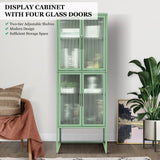 English Elm Stylish 4-Door Tempered Glass Cabinet With 4 Glass Doors Adjustable Shelves U-Shaped Leg Anti-Tip Dust-Free Fluted Glass Kitchen Credenza Light Green