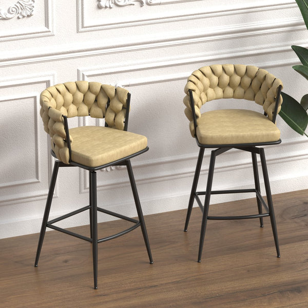 English Elm 28" Technical Leather Woven Bar Stool Set of 2 — 360° Swivel Upholstered Counter Stools, Durable Comfort Light Brown W2189131687