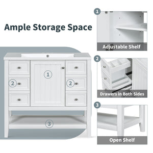 English Elm 36" Bathroom Vanity With Center Sink, Solid Wood & Mdf, 3 Drawers, Elegant White Finish, Modern Style N725P246500K