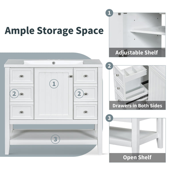 English Elm 36" Bathroom Vanity With Center Sink, Solid Wood & Mdf, 3 Drawers, Elegant White Finish, Modern Style N725P246500K