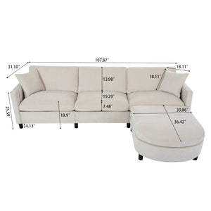 English Elm 107.87'sectional Sofa with Ottoman Pine Frame Removable Cushions Living Room Seating Beige W680S00008