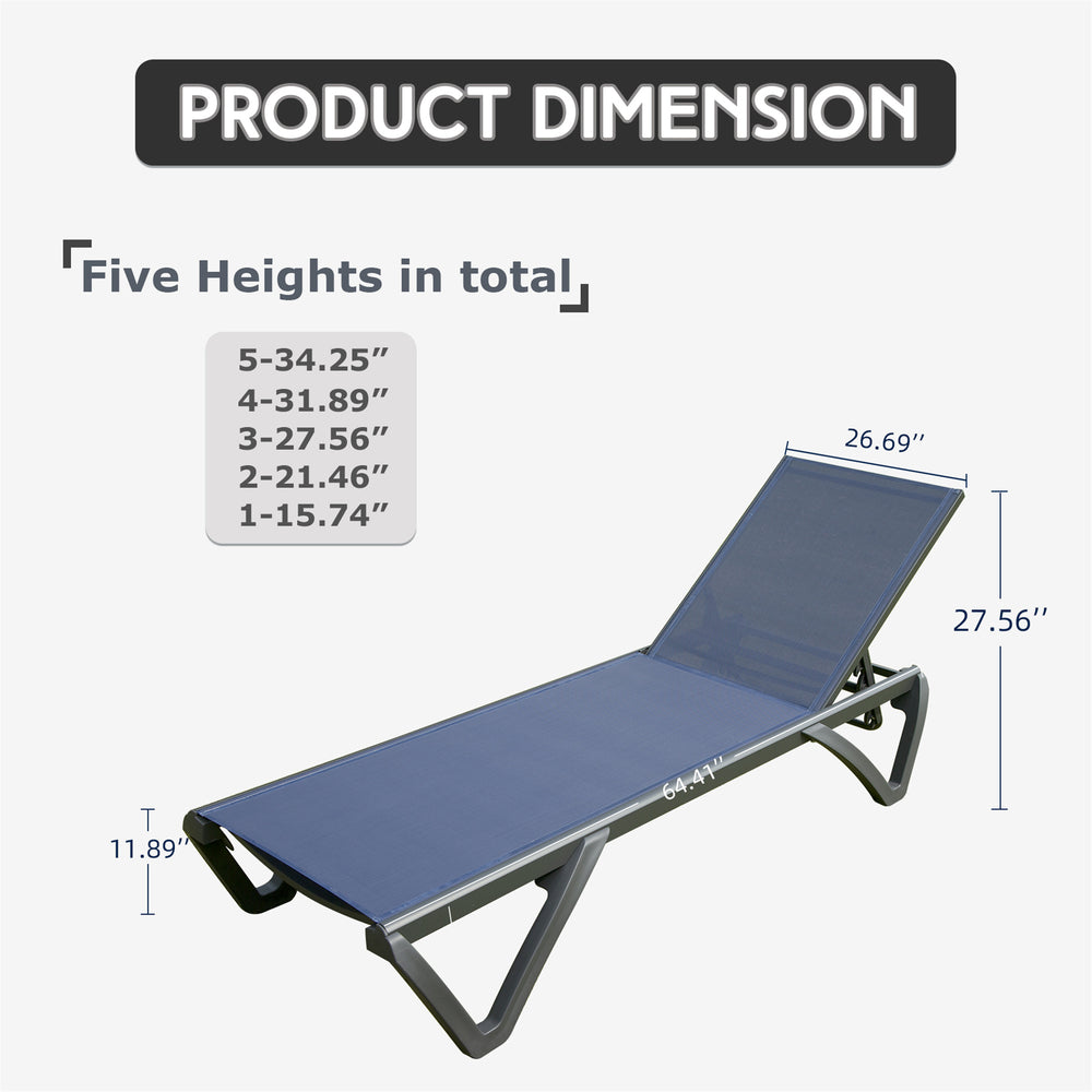English Elm Outdoor Lounge Chair 2-Pack Navy Blue Aluminum Texitilene Chaise with 5-Position Recline, Wheels, Rust-Resistant Frame W1859P149214