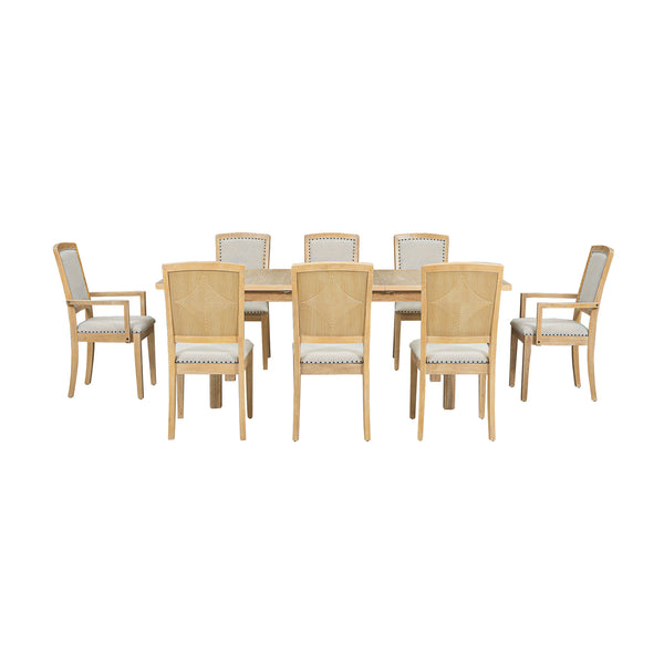 English Elm TOPMAX Rustic Extendable Dining Set with 84" Table and 24" Leaf, 9-Piece Wood Frame, Upholstered Chairs Natural+Grey SP000038AAD
