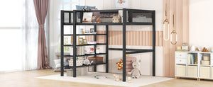 English Elm Twin Metal Loft Bed with 4-Tier Shelves and Built-In Storage Shelf, Sturdy Iron Frame, Space-Saving Design Black SF000237AAB