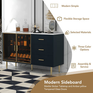 English Elm Trexm Glam Buffet Cabinet Gold Legs Amber Glass Doors Marble Top Dining Storage XW000010AAM