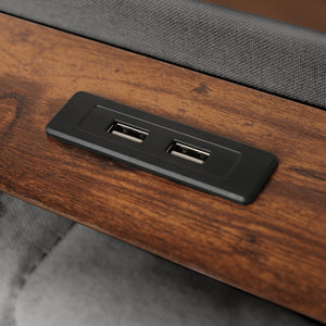 English Elm Full Upholstered Platform Bed with Hydraulic Storage, LED Lighting, USB Ports, Linen Wood Metal Design Grey AA20690708G