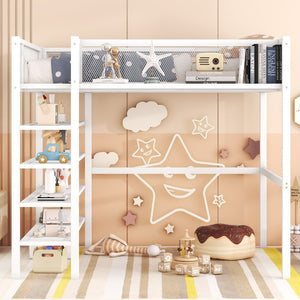 English Elm Full Size Metal Loft Bed with 4-tier Shelving Ladder for Kids or Teen Rooms SF000247AAK