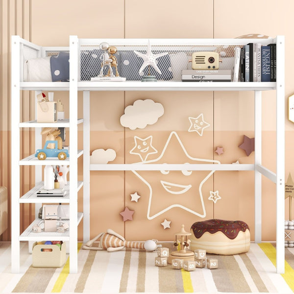 English Elm Full Size Metal Loft Bed with 4-tier Shelving Ladder for Kids or Teen Rooms SF000247AAK