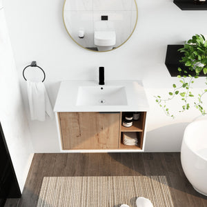 English Elm 30'' Floating Wall-Mounted Vanity with Ceramic Sink, Soft-Close Door, Open Shelves, Durable Plywood Finish W999S00123