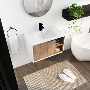 English Elm 30'' Floating Wall-Mounted Vanity with Ceramic Sink, Soft-Close Door, Open Shelves, Durable Plywood Finish W999S00123