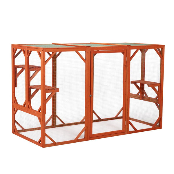 English Elm Wooden Fir Cat Enclosure Outdoor Shelter with Waterproof Roof and Climbing Perches W2181P151887