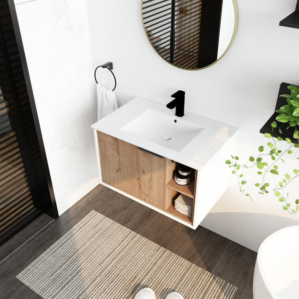 English Elm 30'' Floating Wall-Mounted Vanity with Ceramic Sink, Soft-Close Door, Open Shelves, Durable Plywood Finish W999S00123