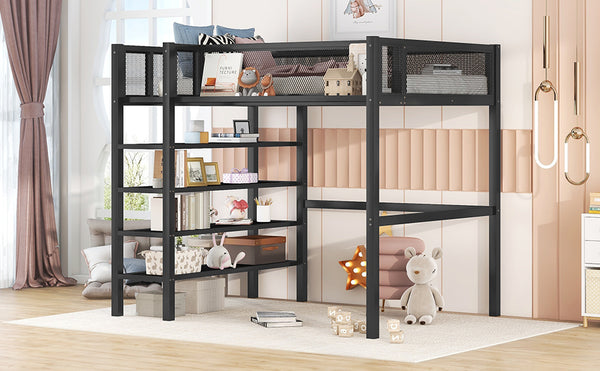 English Elm Twin Metal Loft Bed with 4-Tier Shelves and Built-In Storage Shelf, Sturdy Iron Frame, Space-Saving Design Black SF000237AAB