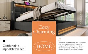 English Elm Queen Upholstered Platform Bed with Hydraulic Storage, LED Lighting, USB Ports & 800LB Capacity Grey AA20690910G