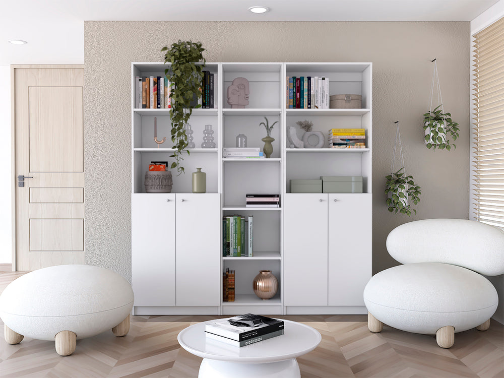 English Elm Levan 3 Piece Living Room Set with 3 Bookcases, White — Engineered Wood, Double-Door Hidden Storage and Sleek Display (Modern Compact Design) B092S00239