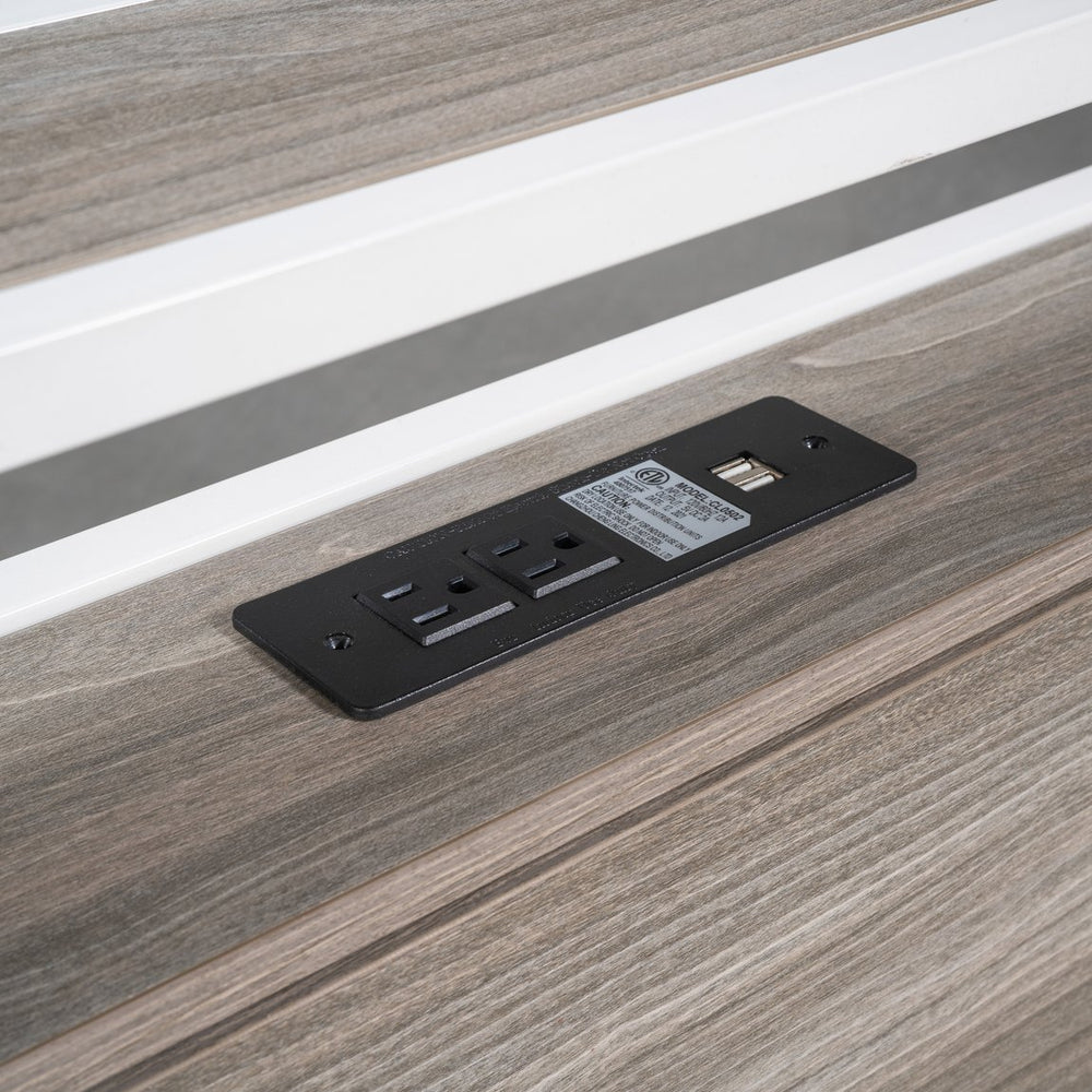 English Elm Full Metal Platform Bed with Trundle and USB Ports, Rustic MDF Wood Planks, Slat Support, No Box Spring Needed White MF299538AAK