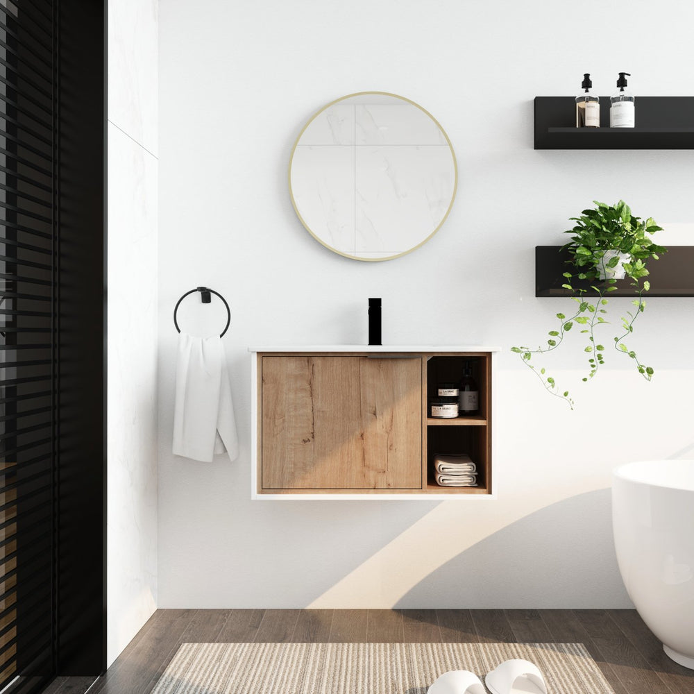 English Elm 30'' Floating Wall-Mounted Vanity with Ceramic Sink, Soft-Close Door, Open Shelves, Durable Plywood Finish W999S00123