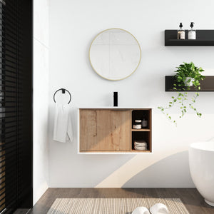 English Elm 30'' Floating Wall-Mounted Vanity with Ceramic Sink, Soft-Close Door, Open Shelves, Durable Plywood Finish W999S00123