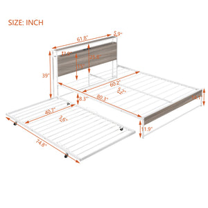 English Elm Queen Metal Platform Bed with Trundle, USB Ports, Sturdy Wood Slats & No Box Spring Needed White MF299542AAK
