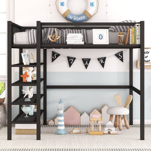 English Elm Full Size Metal Loft Bed with 4-tier Shelving Ladder for Kids or Teen Rooms Black SF000247AAB