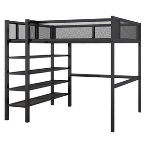 English Elm Full Size Metal Loft Bed with 4-tier Shelving Ladder for Kids or Teen Rooms Black SF000247AAB