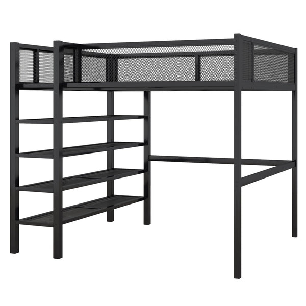 English Elm Full Size Metal Loft Bed with 4-tier Shelving Ladder for Kids or Teen Rooms Black SF000247AAB
