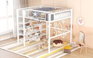 English Elm Full Size Metal Loft Bed with 4-tier Shelving Ladder for Kids or Teen Rooms SF000247AAK