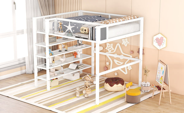 English Elm Full Size Metal Loft Bed with 4-tier Shelving Ladder for Kids or Teen Rooms SF000247AAK