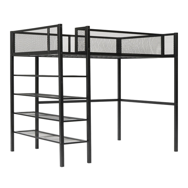 English Elm Twin Metal Loft Bed with 4-Tier Shelves and Built-In Storage Shelf, Sturdy Iron Frame, Space-Saving Design Black SF000237AAB