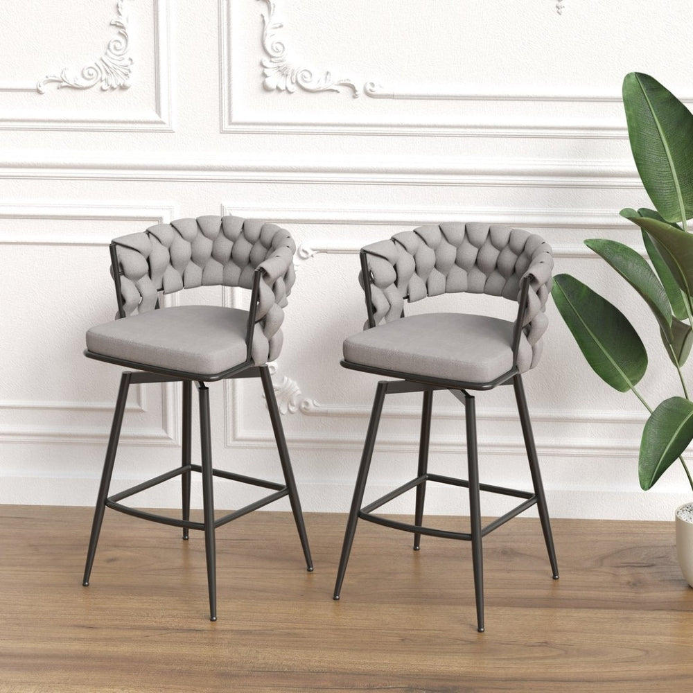 English Elm 26" Swivel Barstools Set of 2 Woven Back Suede Upholstered Gold Leg Counter Chairs W2189S00814