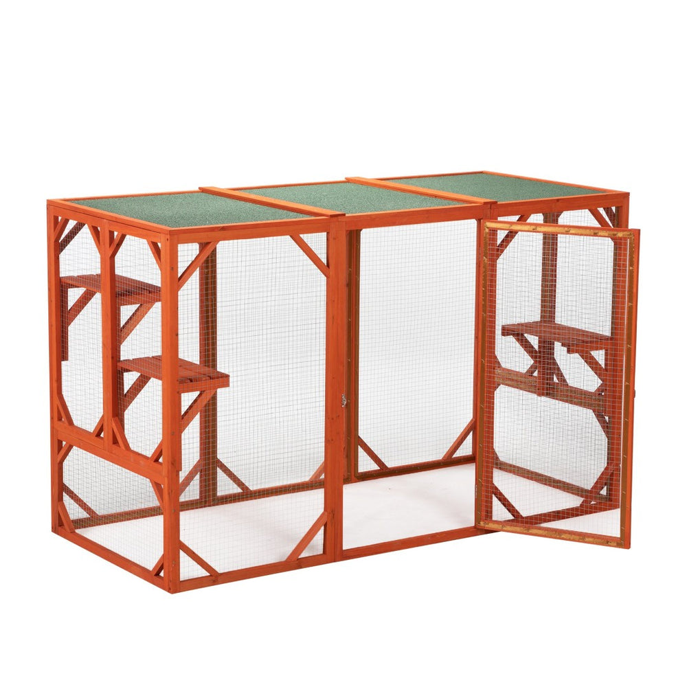 English Elm Wooden Fir Cat Enclosure Outdoor Shelter with Waterproof Roof and Climbing Perches W2181P151887