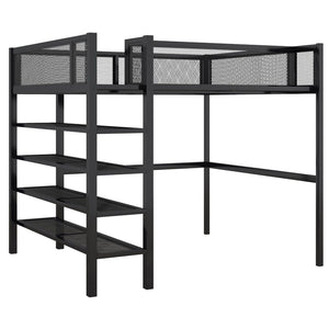 English Elm Full Size Metal Loft Bed with 4-tier Shelving Ladder for Kids or Teen Rooms Black SF000247AAB