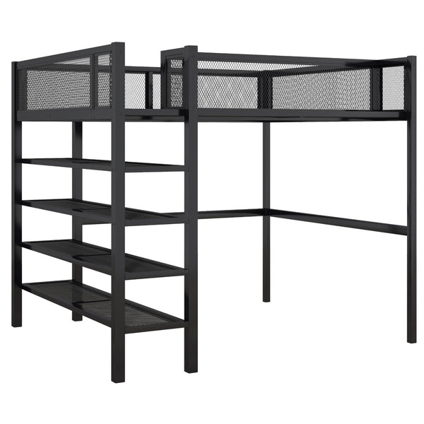 English Elm Full Size Metal Loft Bed with 4-tier Shelving Ladder for Kids or Teen Rooms Black SF000247AAB