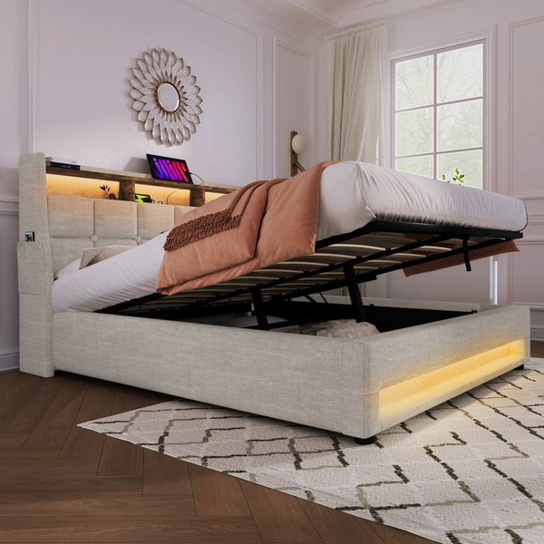 English Elm Full Upholstered Platform Bed with Hydraulic Storage, LED Lighting, USB Ports, Linen Wood Metal Design Natural AA20690708B
