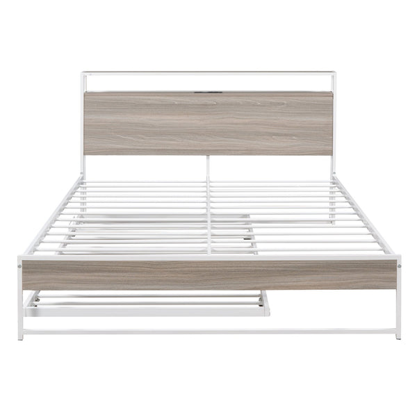 English Elm Queen Metal Platform Bed with Trundle, USB Ports, Sturdy Wood Slats & No Box Spring Needed White MF299542AAK