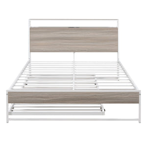English Elm Full Metal Platform Bed with Trundle and USB Ports, Rustic MDF Wood Planks, Slat Support, No Box Spring Needed White MF299538AAK